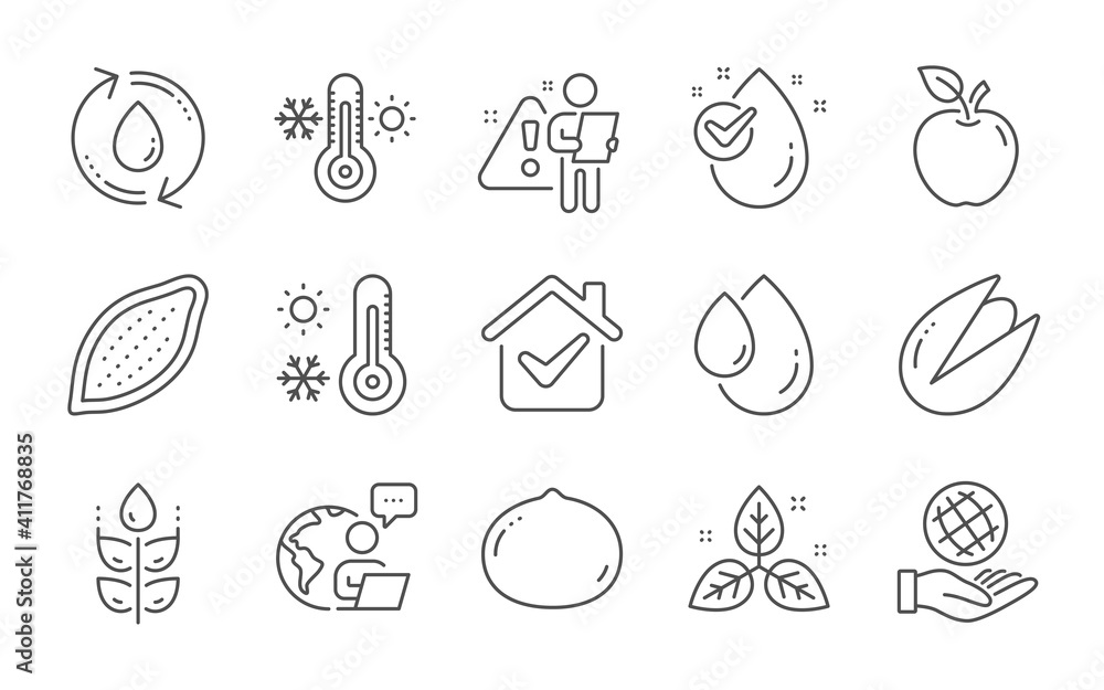 Oil drop, Weather thermometer and Water drop line icons set. Thermometer, Safe planet and Fair trade signs. Cocoa nut, Pistachio nut and Refill water symbols. Gluten free, Apple. Vector