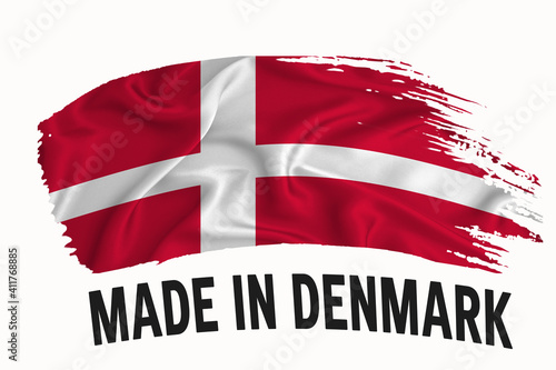Made in Denmark handwritten vintage ribbon flag, brush stroke, typography lettering logo label banner on white background.