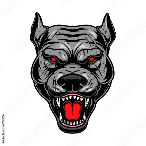 Illustration of angry dog head. Design element for poster card, logo, emblem, sign. Vector illustration © liubov