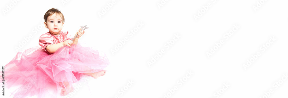 little Princess. Portrait of a cute baby 9 months old in an evening bright pink dress. The kid sits on a white background. Horizontally. little fairy. Bannner. with copy space little Princess. Portrait of a cute baby 9 months old in an evening bright pink dress. The kid sits on a white background. Horizontally. little fairy. Bannner. with copy space