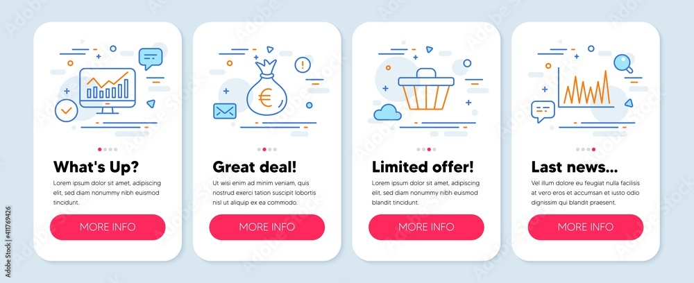Set of Finance icons, such as Statistics, Money bag, Shop cart symbols. Mobile screen app banners. Line graph line icons. Financial report, Euro currency, Web buying. Market diagram. Vector