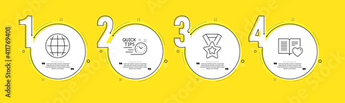 Globe, Quick tips and Winner ribbon line icons set. Timeline process infograph. Love book sign. Internet world, Helpful tricks, Best award. Customer feedback. Education set. Vector