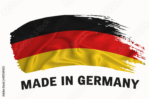 Made in germany handwritten vintage ribbon flag, brush stroke, typography lettering logo label banner on white background.