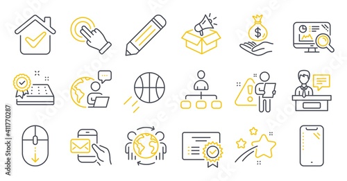 Set of Business icons, such as Mattress guarantee, Basketball, Megaphone box symbols. Global business, Messenger mail, Certificate signs. Management, Smartphone, Scroll down. Seo analytics. Vector