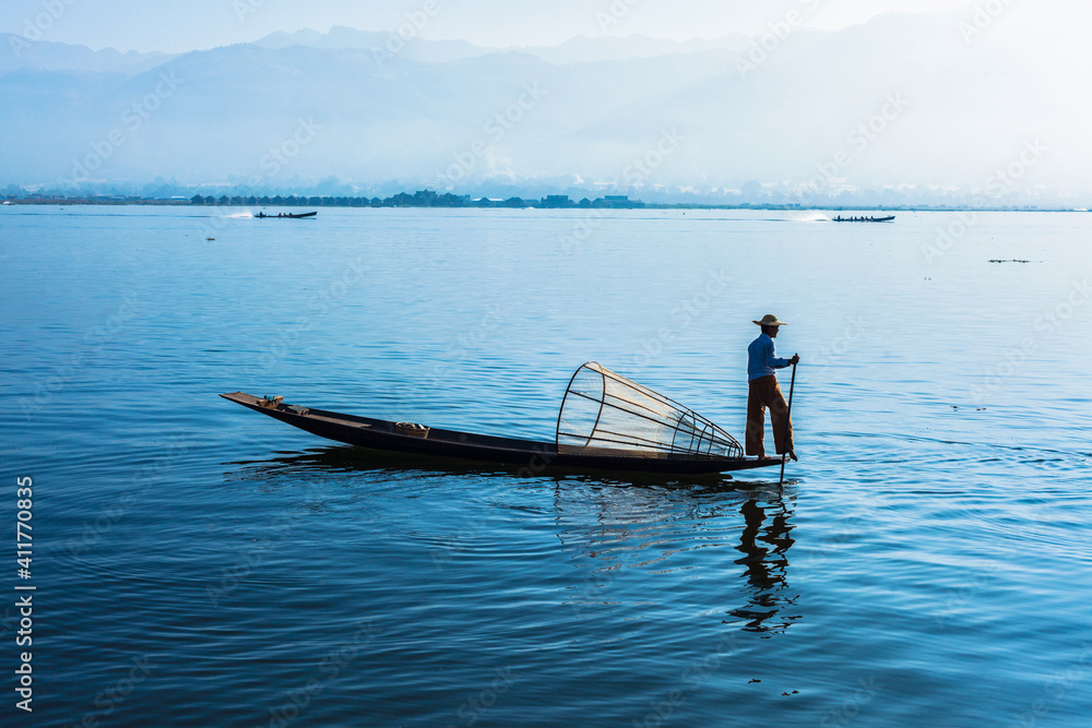 Burmese fisherman at Inle lake, Myanmar