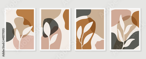 Botanical wall art background vector set.Earth tone natural colors foliage line art  boho plants drawing with abstract shape. Mid century modern design for prints, poster, cover and wallpaper.