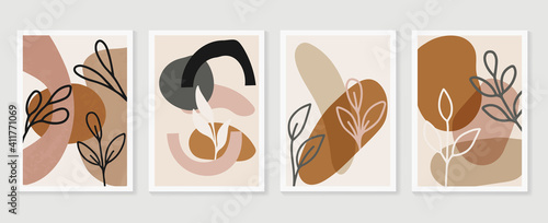 Botanical wall art background vector set.Earth tone natural colors foliage line art  boho plants drawing with abstract shape. Mid century modern design for prints, poster, cover and wallpaper.
