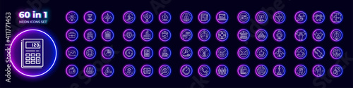 60 in 1 set of lineart vector icons in cyberpunk neon glow style. Related to business, financial, organizational, technology, team building themes.