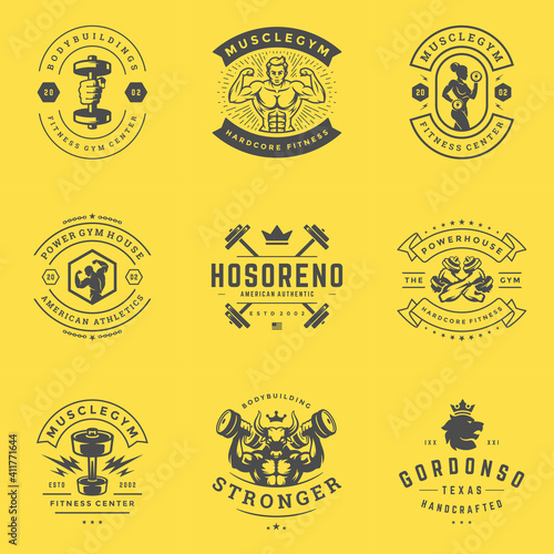 Fitness center and sport gym logos and badges design set vector illustration