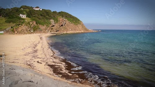 Veautiful beach with waves and birds in summer