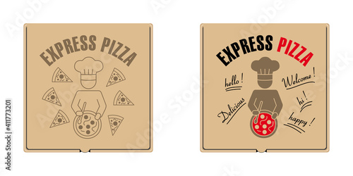 2 graphismes différents avec un pizzaïolo à imprimer sur des boites de pizza destiné à la vente à emporter.