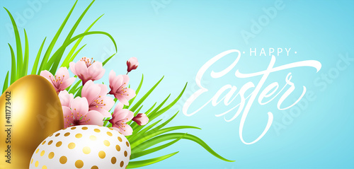 Happy easter greeting background with realistic easter eggs and spring flowers. Vector illustration