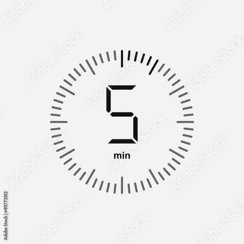 The 5 seconds, minutes stopwatch icon. Clock and watch, timer, countdown symbol. UI. Web. Logo. Sign. Flat design. App. Stock vector.