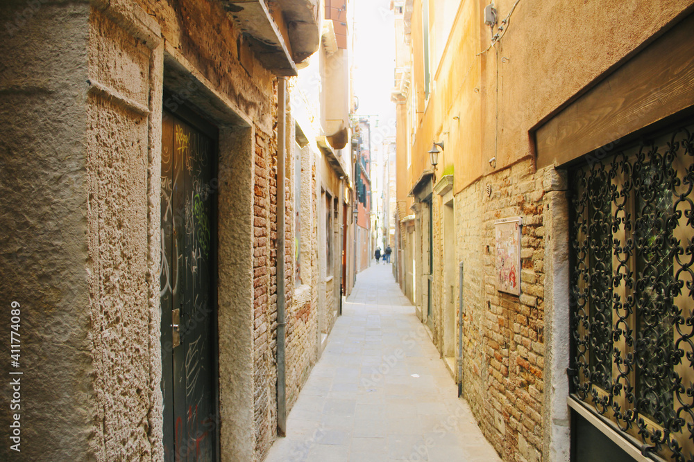 narrow alley of Venice with doors and buildings