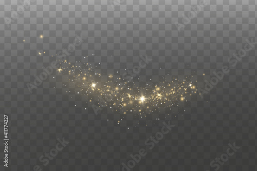 Christmas light effect. Sparkling magical dust particles.The dust sparks and golden stars shine with special light.