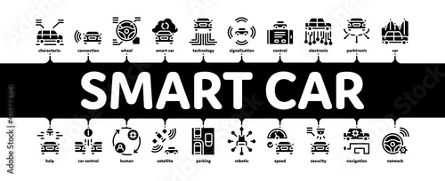 Smart Car Technology Minimal Infographic Web Banner Vector. Smart Car Autopilot And Help Parking, Satellite Connection And Phone Application Black Illustration