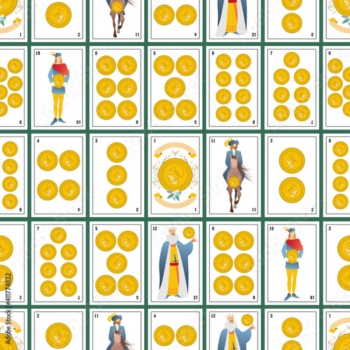 Spanish playing cards deck seamless pattern. Golds