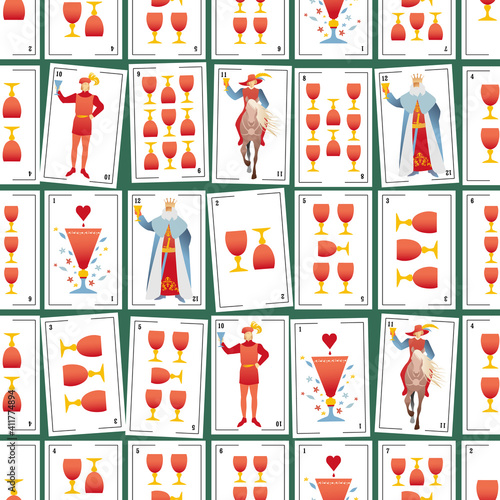 Spanish playing cards deck seamless pattern. Cups