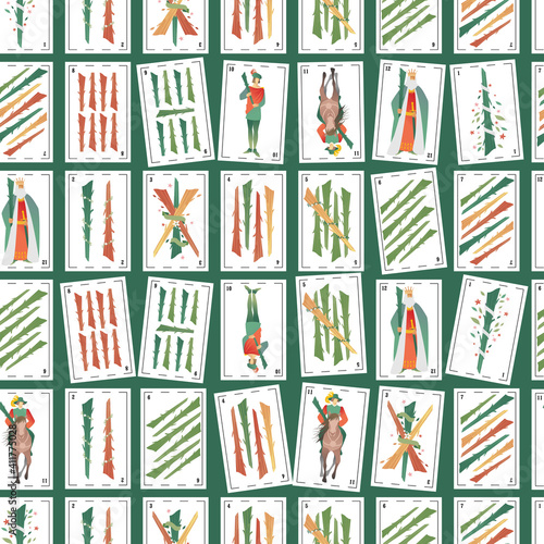 Spanish playing cards deck seamless pattern. Wands.
