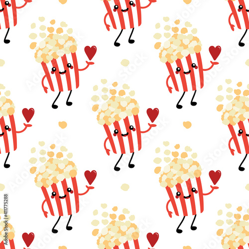 Cute cartoon style smiling popcorn bucket character holding in hand red heart. Love, caring, appreciation concept.
