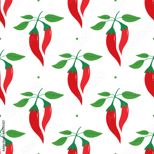 Red chili peppers branches with leaves vector seamless pattern background. 