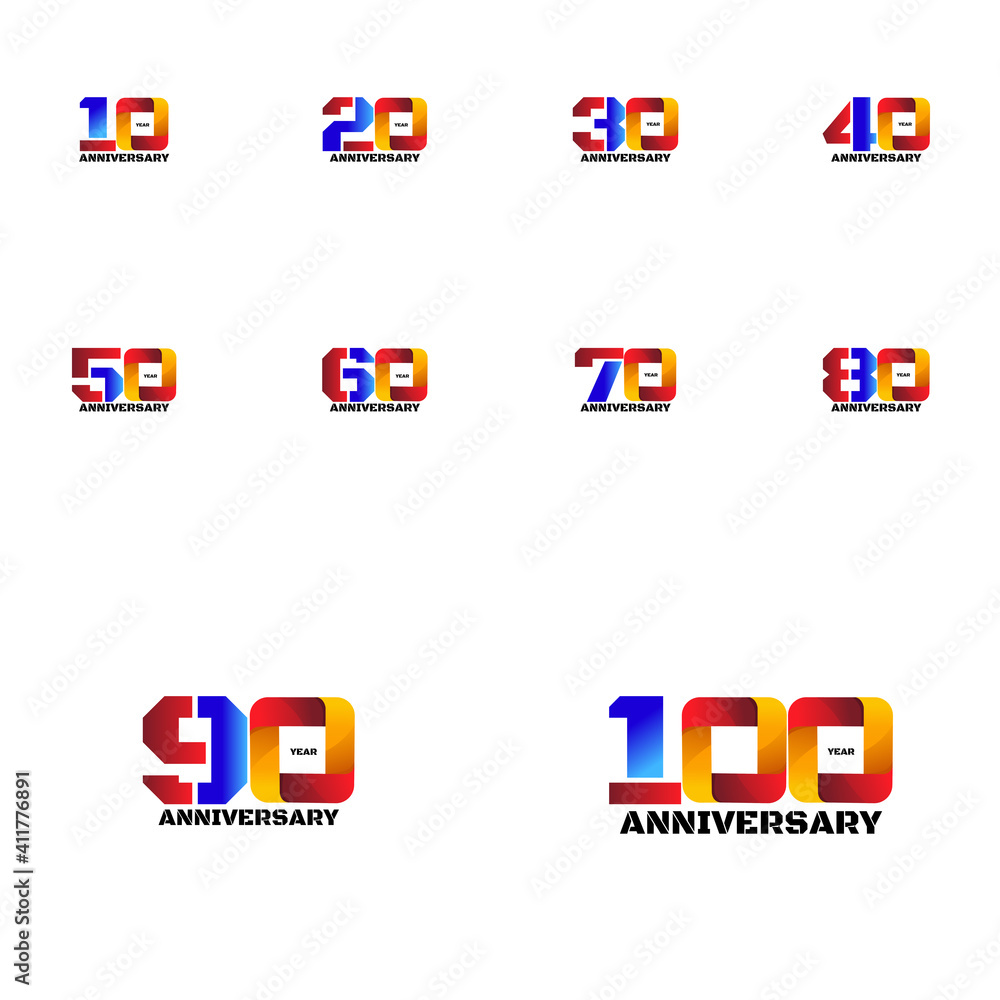 set 10, 20, 30, 40, 50, 60, 70, 80, 90, 100 Year Anniversary Vector Template Design Illustration set 10, 20, 30, 40, 50, 60, 70, 80, 90, 100 Year Anniversary Vector Template Design Illustration