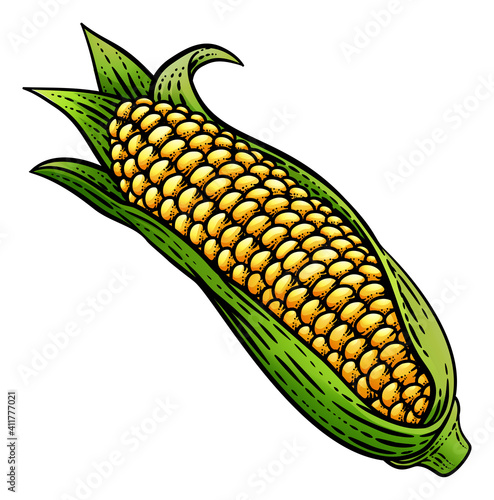 Corn vegetable illustration in a vintage retro woodcut etching style.