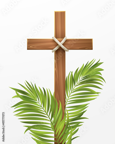 Christian Cross. Congratulations on Palm Sunday, Easter and the Resurrection of Christ. Vector illustration