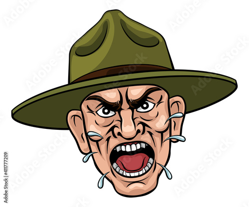 An angry army bootcamp drill sergeant soldier shouting cartoon