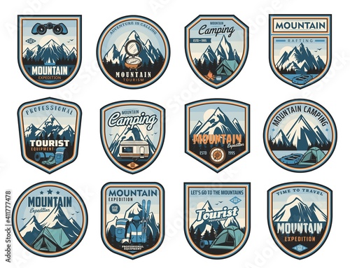 Mountain travel, tourism, camping active leisure isolated vector icons. Hiking tools, travel trailer and tent, backpack expedition equipment. Compass, binoculars and tourism clothing, skis labels set