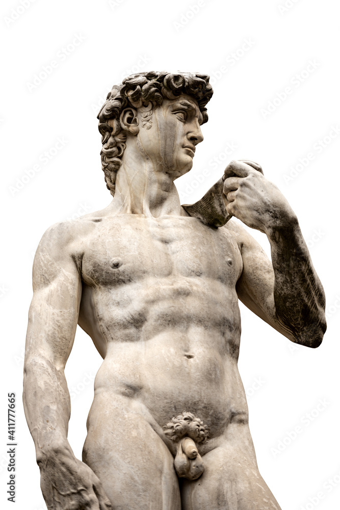 Obraz premium Statue of the David by Michelangelo Buonarroti isolated on white background, masterpiece of Renaissance sculpture in Piazza della Signoria, Florence downtown, Tuscany, Italy, Europe.