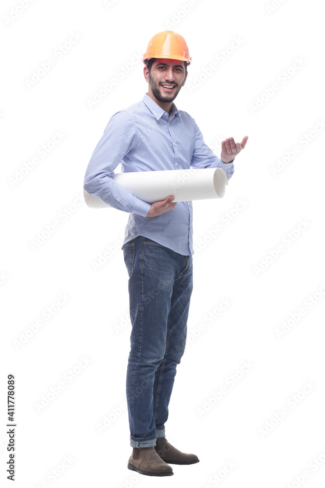 in full growth. young male architect with drawings. in full growth. young male architect with drawings.