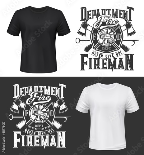 Tshirt print with firefighters helmet, ax, ladder and water tower, vector apparel mockup. Fire department rescue team emblem, emergency service monochrome t shirt print design or isolated label