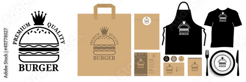 Logo à imprimer sur des sacs en papier pour promouvoir les burgers de qualité - le roi des hamburgers avec sa couronne.
