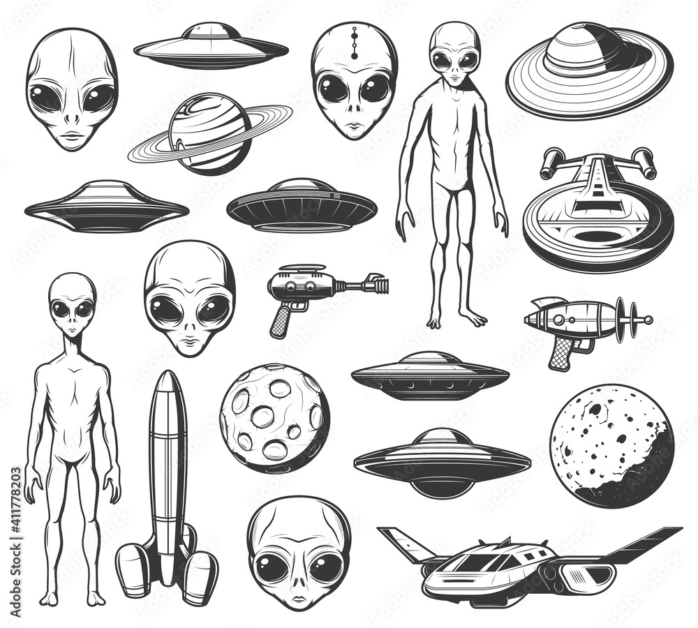 Aliens, ufo and space shuttles vector retro icons. Extraterrestrial comer with long arms, skinny body and huge eyes. Laser gun, saturn planet and spaceshipwith alien saucers in cosmos isolated labels - obrazy, fototapety, plakaty 