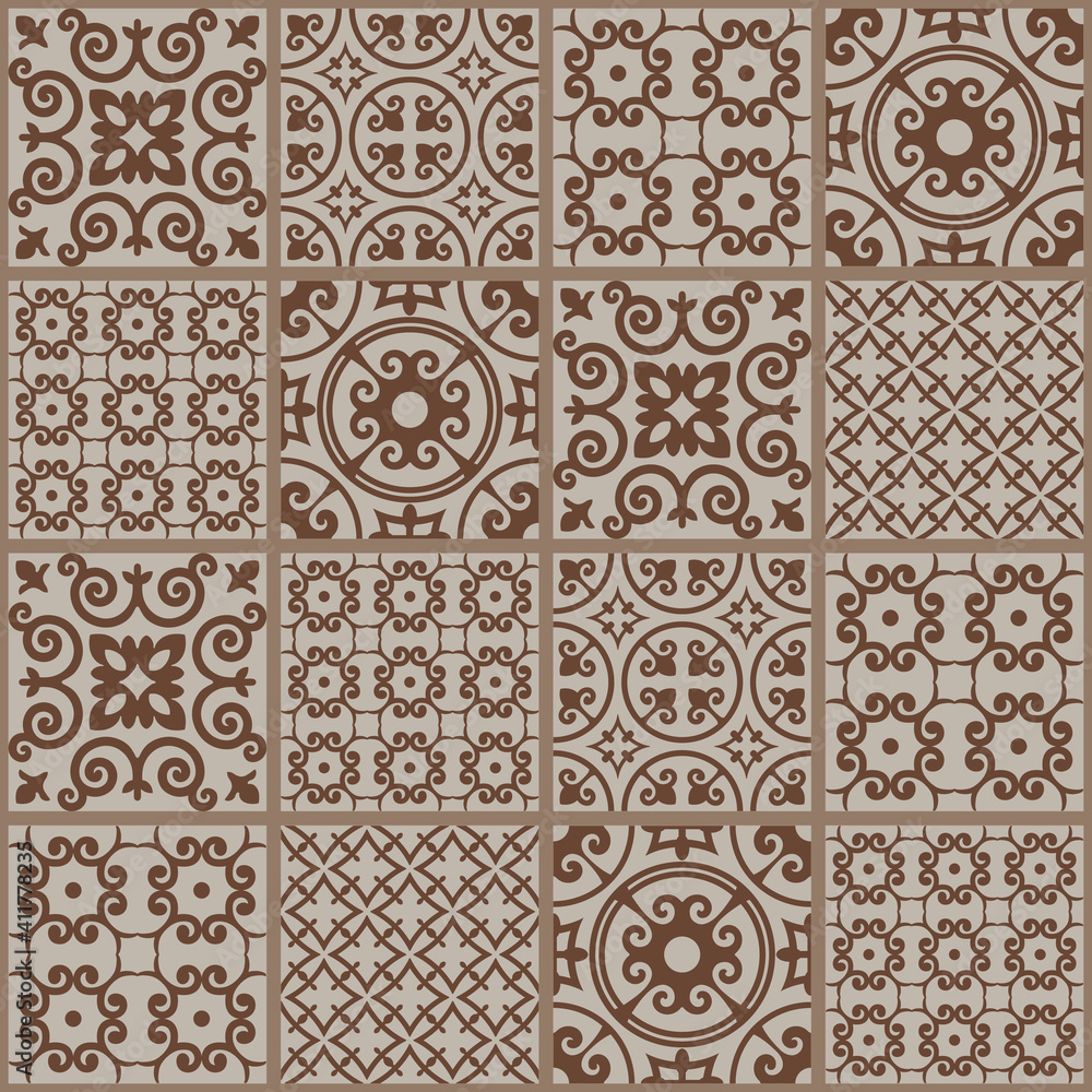 Seamless patchwork tile in brown and beige. Floral texture for wallpaper, floor surface, pattern fills. Vintage Illustration background. Seamless patchwork tile in brown and beige. Floral texture for wallpaper, floor surface, pattern fills. Vintage Illustration background.