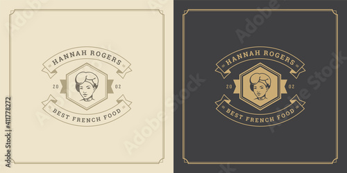 Restaurant logo design vector illustration chef woman face in hat silhouette