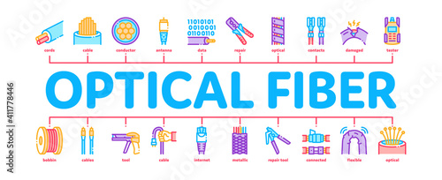 Optical Fiber Cable Minimal Infographic Web Banner Vector. Fiber Repair Instrument And Electrical Device For Test Connection, Cord Roll Bobbin And Damaged Color Illustration
