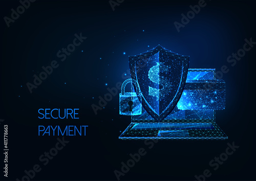 Futuristic secure payment, online banking concept with laptop, sheld, lock, credit card and dollar