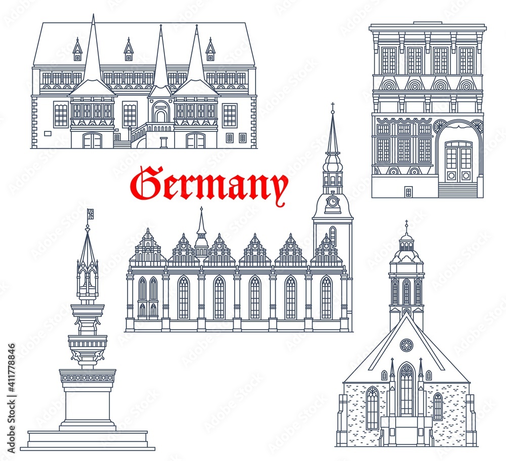Germany landmarks architecture buildings, travel vector icons of German famous cathedrals. St Jacob church in Einbeck, Marienbrunnen fountain in Braunschweig, Hauptkirche Maria Virgin in Wolfenbuttel