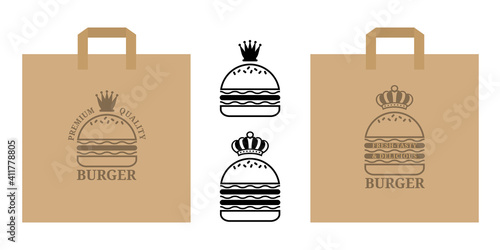 Logo du roi des burgers à imprimer sur une gamme d’objets, sac, menu, tablier, T-shirt, assiette, carnet, carte, afin de donner une identité à votre produit.