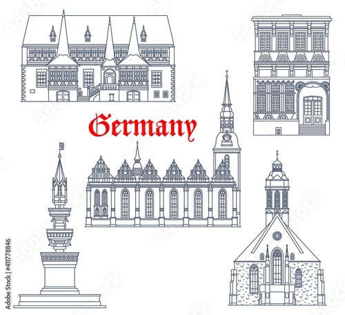 Germany landmarks architecture buildings, travel vector icons of German famous cathedrals. St Jacob church in Einbeck, Marienbrunnen fountain in Braunschweig, Hauptkirche Maria Virgin in Wolfenbuttel photo