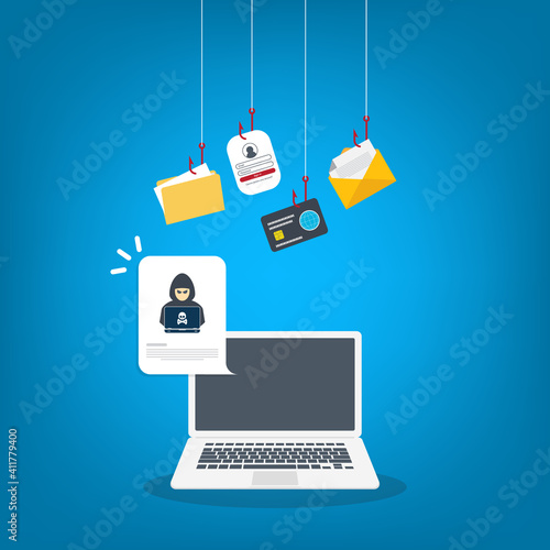 Hacker notification. Hacker with laptop computer stealing confidential data, personal information and credit card detail. Hacking concept.	