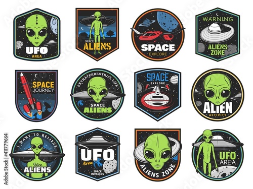 Aliens, ufo area and space shuttles vector retro icons. Extraterrestrial comer with green skin and huge eyes. Space exploration labels with spaceship in outer cosmos, saucers in starry sky, alien zone