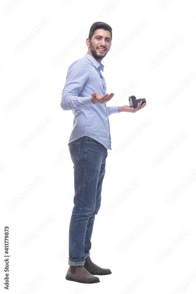 side view. male photographer with a camera. side view. male photographer with a camera.