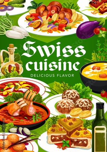Swiss cuisine vector engadinsky nut pie, busseco soup, raclette with potatoes, sable breton cookies. Cheese dumplings from the canton of Jura, cheese fondue or alpine lamb loin Switzerland food poster