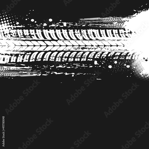 Offroad tyre print and grunge spot, vector background with black dirty tire automobile trace, off road race competition, rally, motocross dirty tire pattern, grungy vehicle trail abstract texture