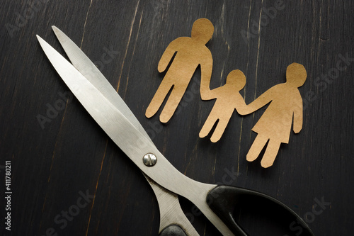 Parental alienation concept. Figures of family and scissors as symbol of divorce. photo