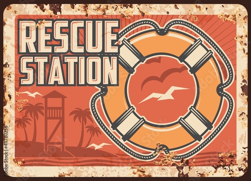 Lifeguard or rescue station metal rusty plate, ocean beach safety patrol, vector retro poster. Sea or swimming pool life guard vintage sign with buoy ring, rescuer tower, palms and seagulls in sunset