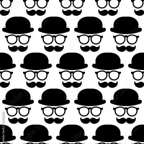 Seamless pattern with gentleman on white background. Silhouette of man's head with moustache